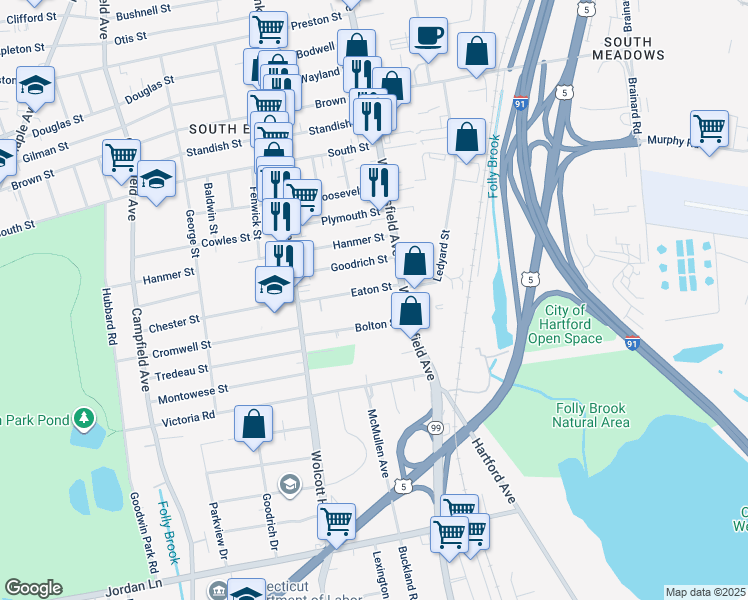 map of restaurants, bars, coffee shops, grocery stores, and more near 18 Eaton Street in Hartford