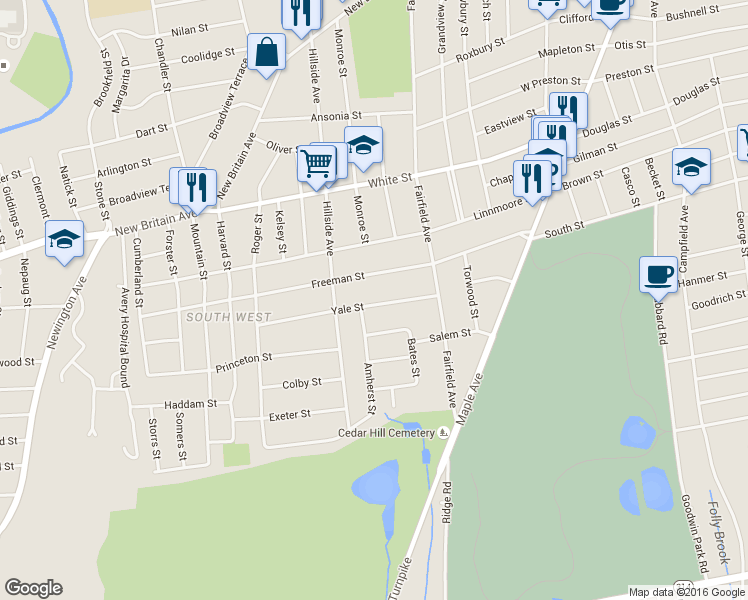 map of restaurants, bars, coffee shops, grocery stores, and more near 151 Freeman Street in Hartford