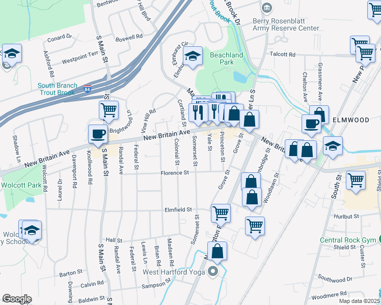 map of restaurants, bars, coffee shops, grocery stores, and more near 25 Somerset Street in West Hartford