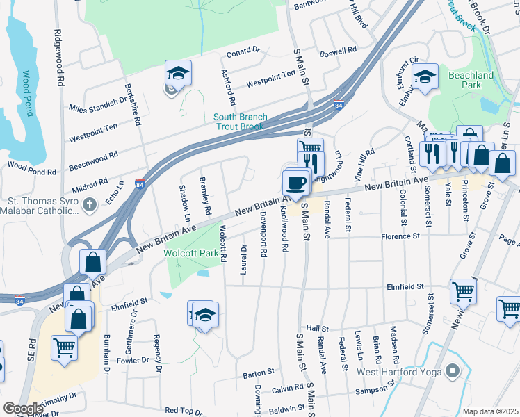 map of restaurants, bars, coffee shops, grocery stores, and more near 1269 New Britain Avenue in West Hartford