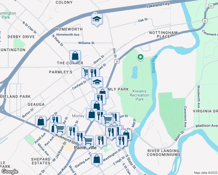 map of restaurants, bars, coffee shops, grocery stores, and more near 424 East Erie Street in Painesville