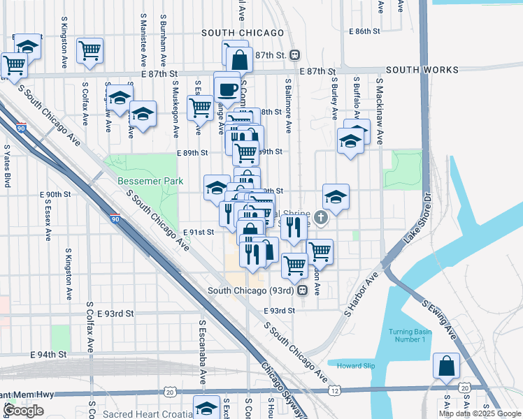 map of restaurants, bars, coffee shops, grocery stores, and more near 9010 South Houston Avenue in Chicago
