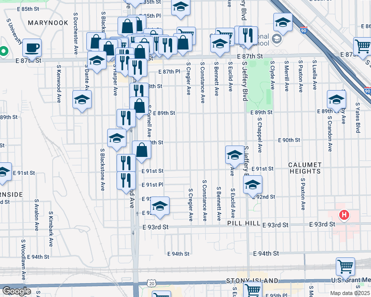 map of restaurants, bars, coffee shops, grocery stores, and more near 9000 South Cregier Avenue in Chicago