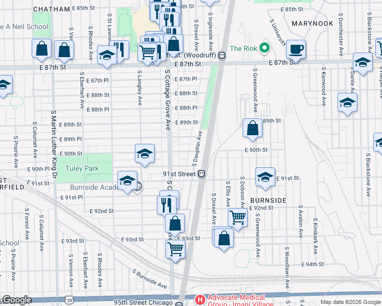 map of restaurants, bars, coffee shops, grocery stores, and more near 838 East 90th Street in Chicago
