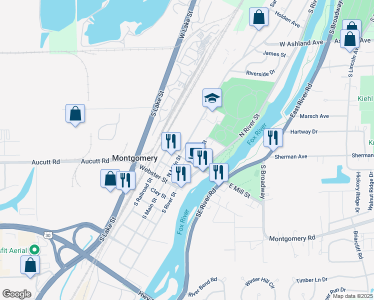 map of restaurants, bars, coffee shops, grocery stores, and more near 317 North Main Street in Montgomery