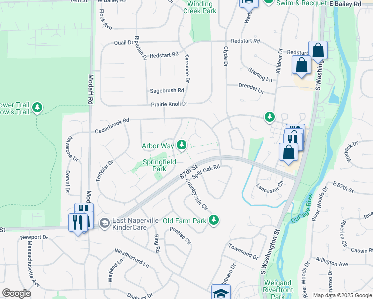 map of restaurants, bars, coffee shops, grocery stores, and more near 204 Cedarbrook Road in Naperville