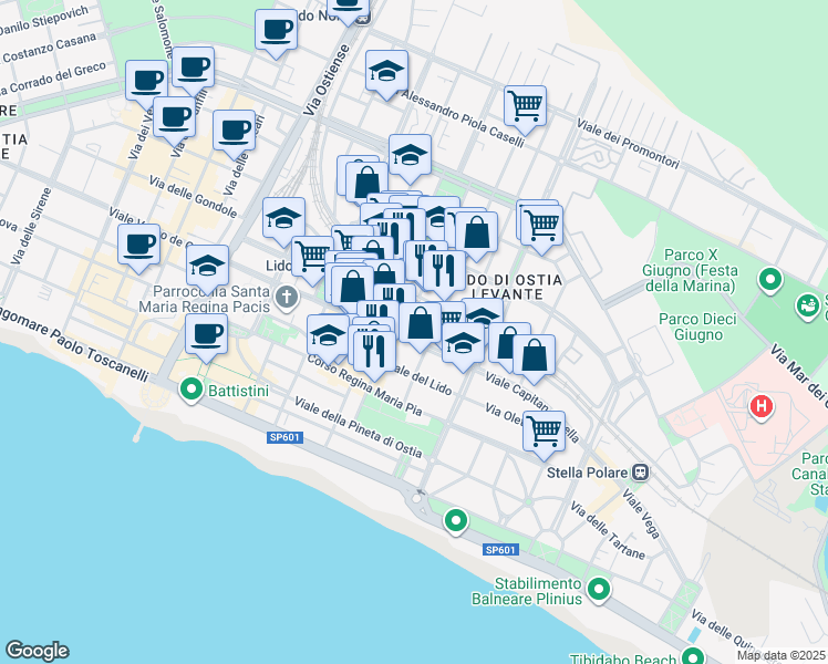 map of restaurants, bars, coffee shops, grocery stores, and more near in Ostia