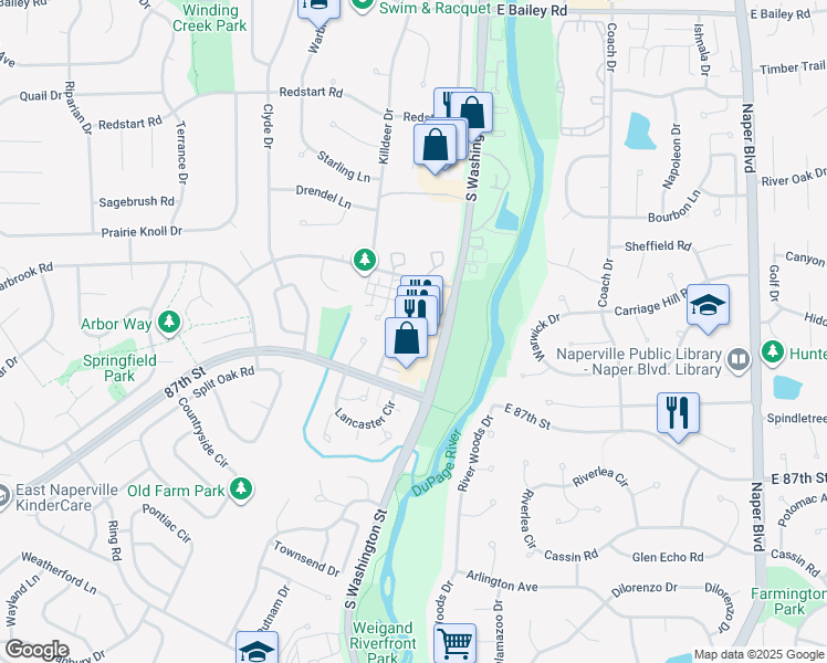 map of restaurants, bars, coffee shops, grocery stores, and more near 1956 Town Drive in Naperville