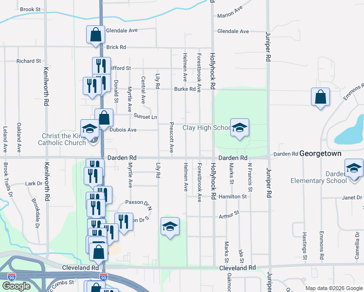 map of restaurants, bars, coffee shops, grocery stores, and more near 52370 Prescott Avenue in South Bend