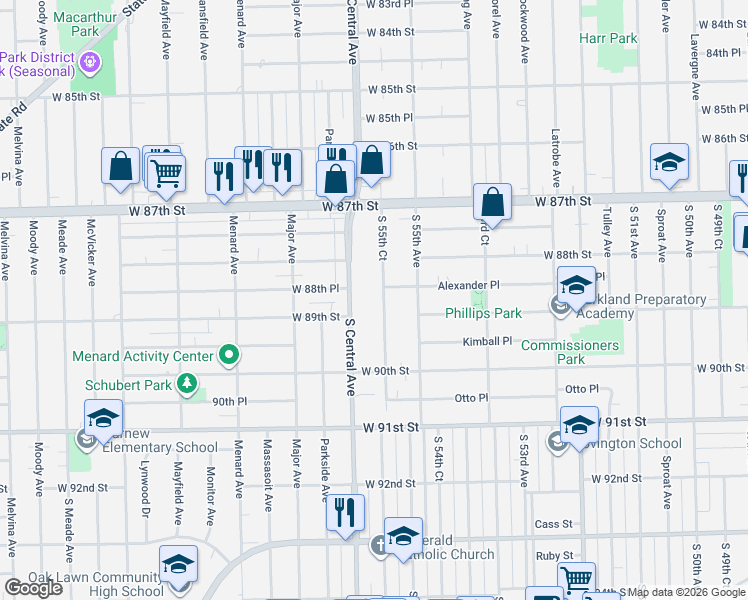 map of restaurants, bars, coffee shops, grocery stores, and more near 5519 Alexander Place in Oak Lawn