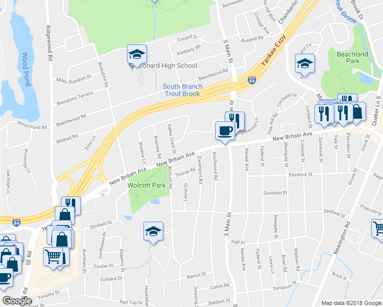 map of restaurants, bars, coffee shops, grocery stores, and more near 1282 New Britain Avenue in West Hartford