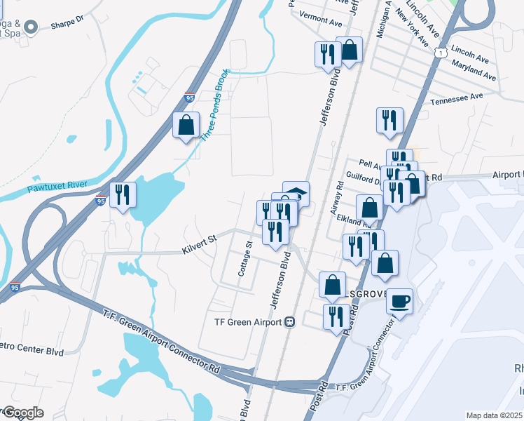 map of restaurants, bars, coffee shops, grocery stores, and more near 45 Cottage Street in Warwick