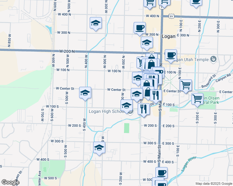 map of restaurants, bars, coffee shops, grocery stores, and more near 230 West Center Street in Logan