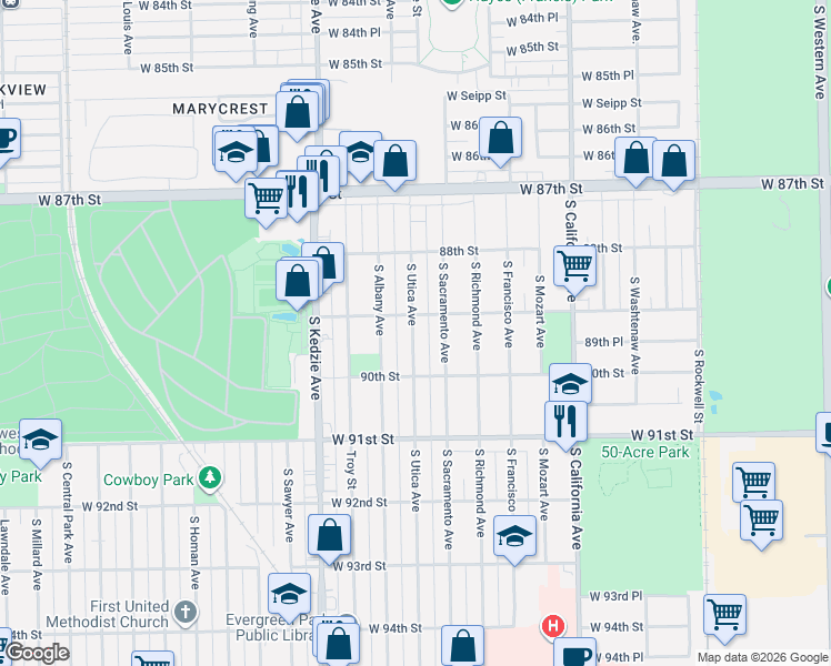 map of restaurants, bars, coffee shops, grocery stores, and more near 8900 South Utica Avenue in Evergreen Park