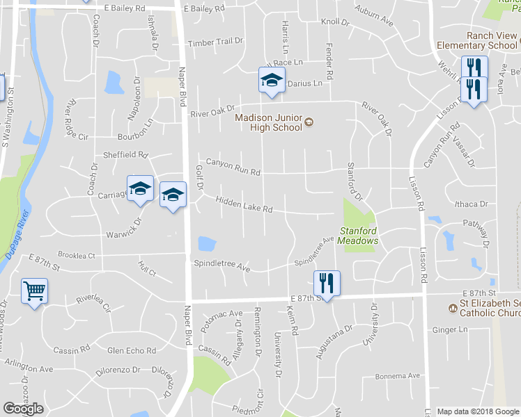 map of restaurants, bars, coffee shops, grocery stores, and more near 909 Hidden Lake Road in Naperville