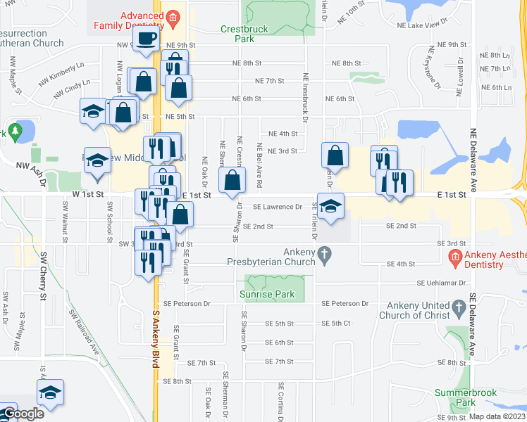 map of restaurants, bars, coffee shops, grocery stores, and more near 501 Southeast Lawrence Drive in Ankeny