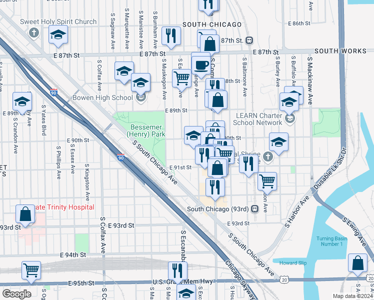 map of restaurants, bars, coffee shops, grocery stores, and more near 9001 South Escanaba Avenue in Chicago