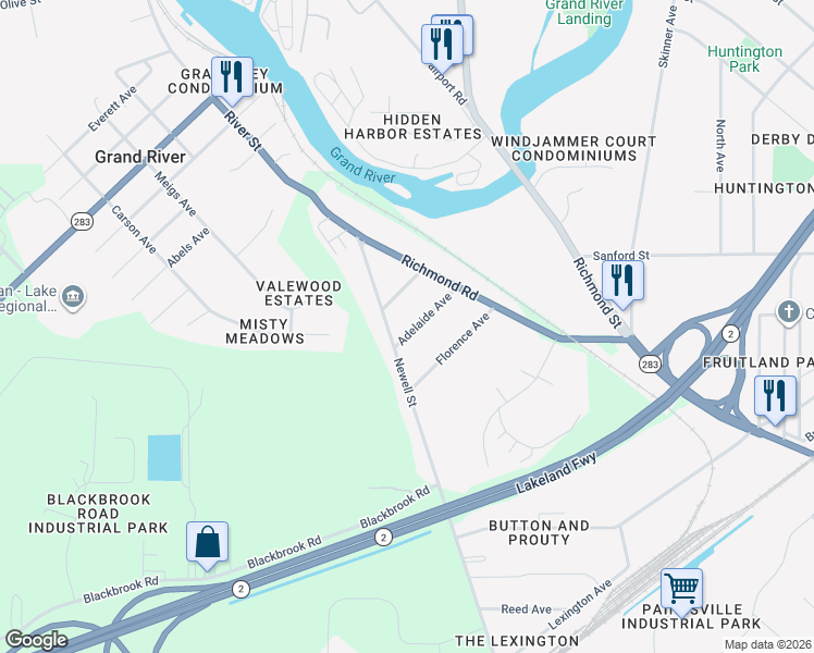 map of restaurants, bars, coffee shops, grocery stores, and more near 36 Adelaide Avenue in Painesville
