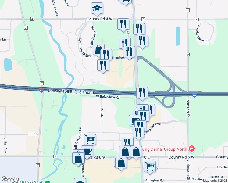 map of restaurants, bars, coffee shops, grocery stores, and more near Indiana East-West Toll Rd in Elkhart