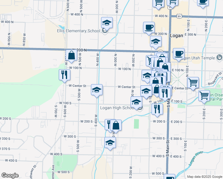 map of restaurants, bars, coffee shops, grocery stores, and more near 308 West Center Street in Logan
