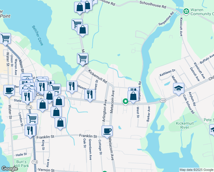 map of restaurants, bars, coffee shops, grocery stores, and more near 3 Rhode Island 136 in Warren
