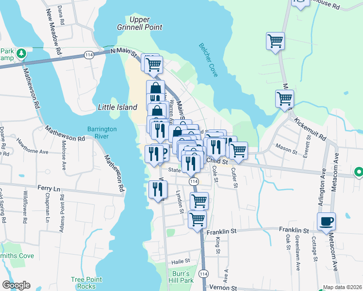 map of restaurants, bars, coffee shops, grocery stores, and more near 375 Main Street in Warren