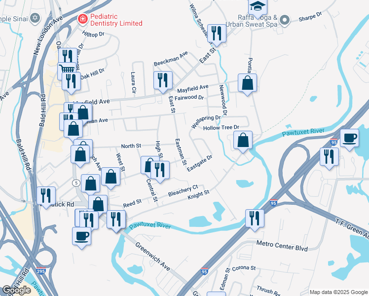 map of restaurants, bars, coffee shops, grocery stores, and more near 22 Eastman Street in Warwick