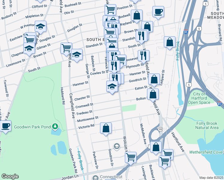 map of restaurants, bars, coffee shops, grocery stores, and more near 611 Franklin Avenue in Hartford