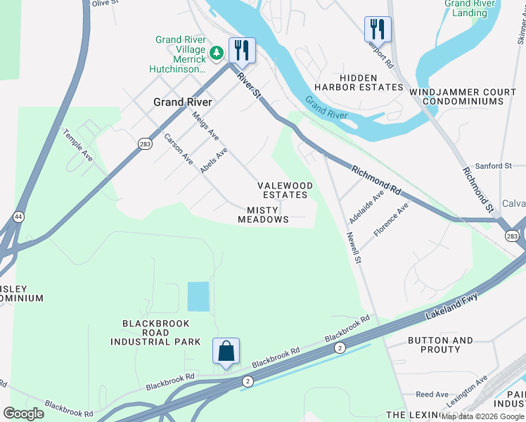 map of restaurants, bars, coffee shops, grocery stores, and more near 1048 Valewood Court in Painesville