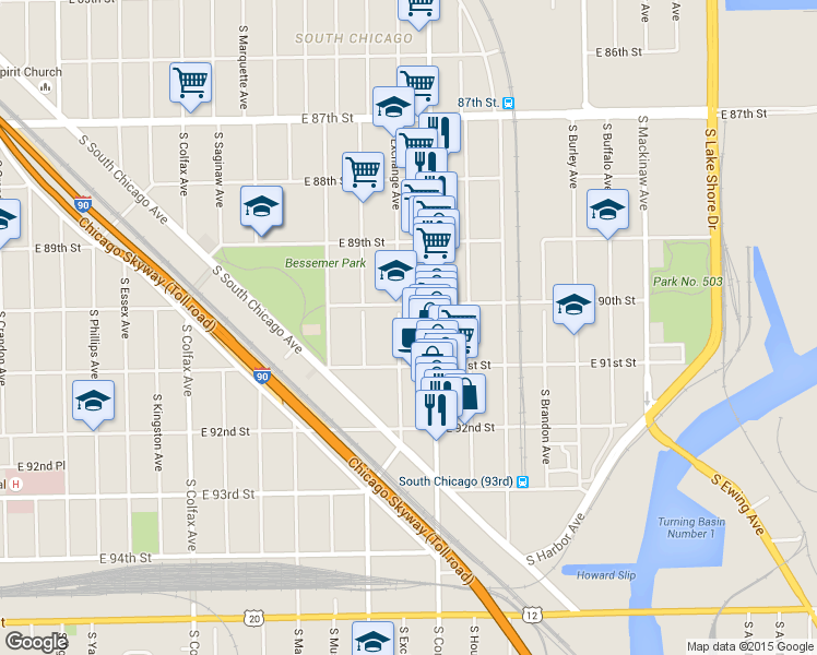 map of restaurants, bars, coffee shops, grocery stores, and more near 9010 South Commercial Avenue in Chicago
