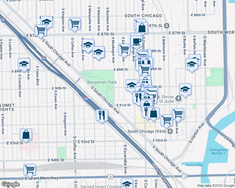 map of restaurants, bars, coffee shops, grocery stores, and more near 9009 South Muskegon Avenue in Chicago