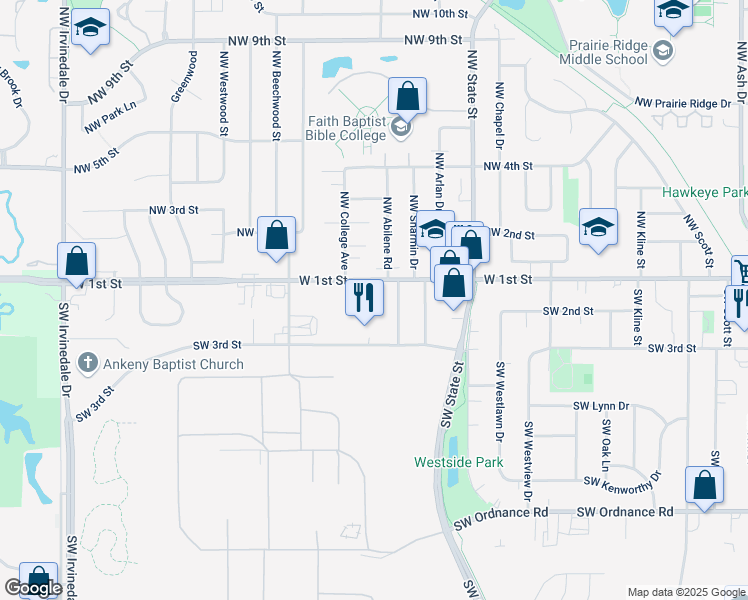 map of restaurants, bars, coffee shops, grocery stores, and more near 1901 West 1st Street in Ankeny