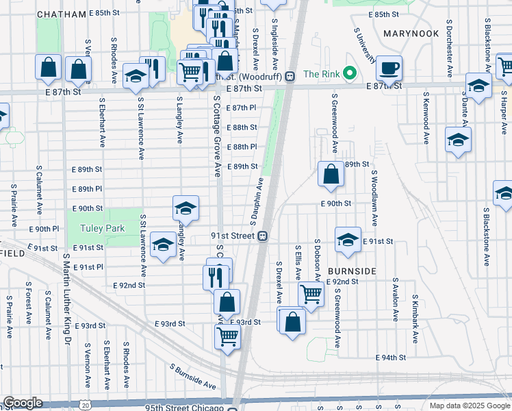 map of restaurants, bars, coffee shops, grocery stores, and more near E 90th St & S Dauphin Ave in Chicago