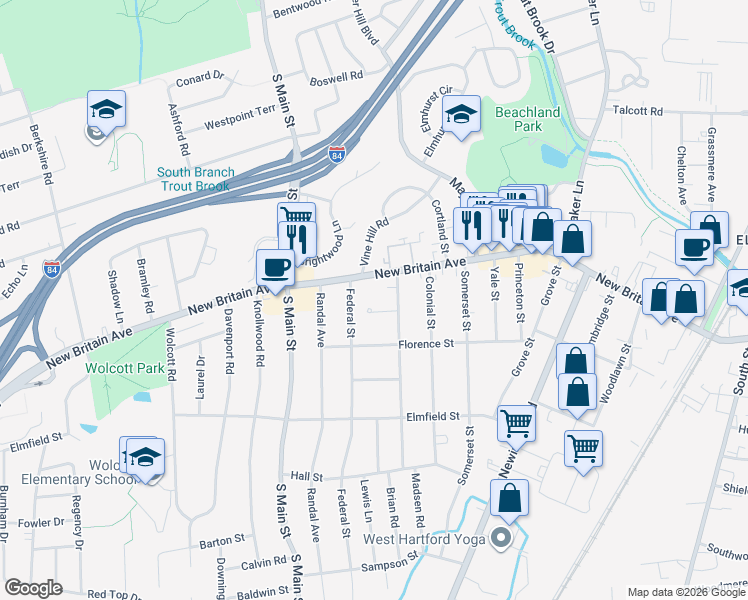 map of restaurants, bars, coffee shops, grocery stores, and more near 1207 New Britain Avenue in West Hartford