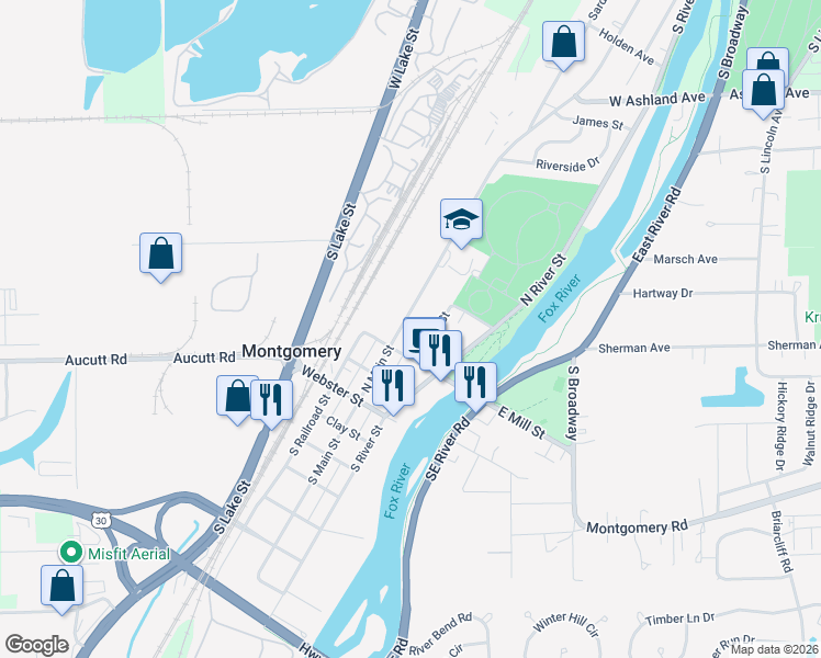 map of restaurants, bars, coffee shops, grocery stores, and more near 317 North Main Street in Montgomery