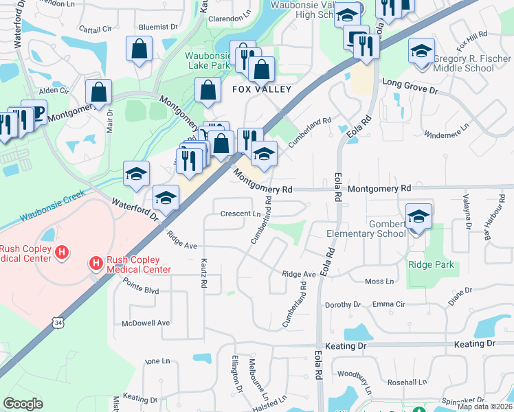 map of restaurants, bars, coffee shops, grocery stores, and more near 2286 Highfield Lane in Aurora