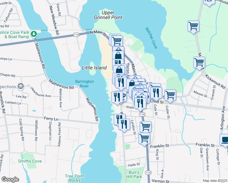 map of restaurants, bars, coffee shops, grocery stores, and more near 60 Miller Street in Warren