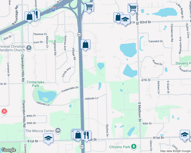 map of restaurants, bars, coffee shops, grocery stores, and more near 8627 Meadowbrook Drive in Burr Ridge
