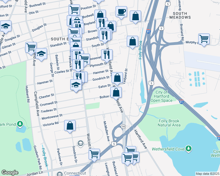 map of restaurants, bars, coffee shops, grocery stores, and more near 18 Eaton Street in Hartford