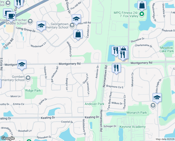 map of restaurants, bars, coffee shops, grocery stores, and more near 3044 Quincy Ln in Aurora