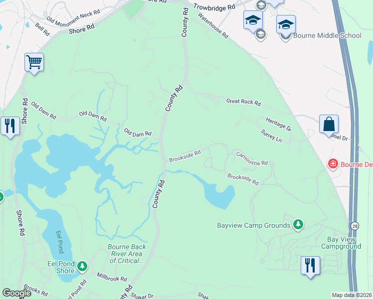 map of restaurants, bars, coffee shops, grocery stores, and more near 6 Laurel Hill Court in Bourne