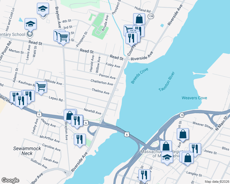 map of restaurants, bars, coffee shops, grocery stores, and more near 1174 Riverside Avenue in Somerset