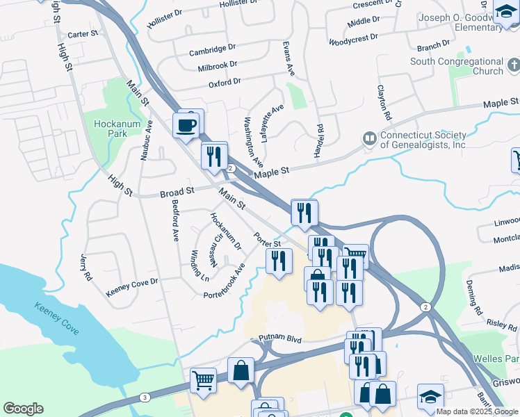 map of restaurants, bars, coffee shops, grocery stores, and more near 80 Main Street in East Hartford