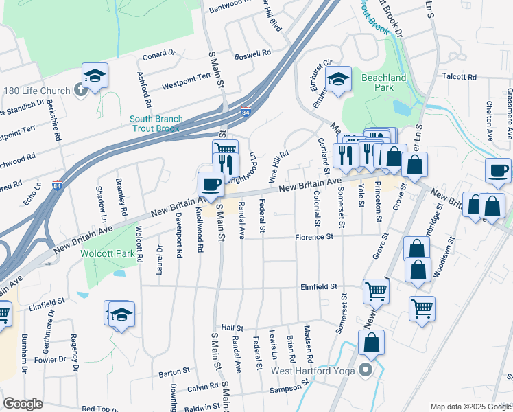 map of restaurants, bars, coffee shops, grocery stores, and more near 1221 New Britain Avenue in West Hartford