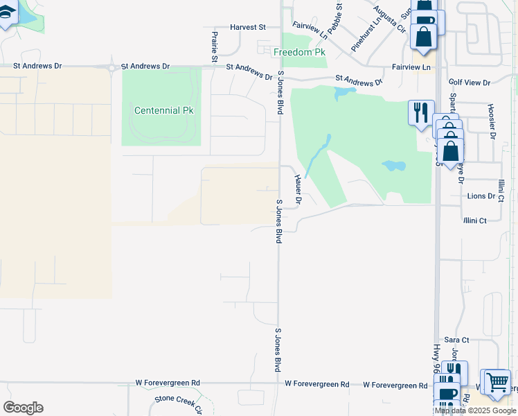 map of restaurants, bars, coffee shops, grocery stores, and more near 2785 S Jones Boulevard Northeast in North Liberty