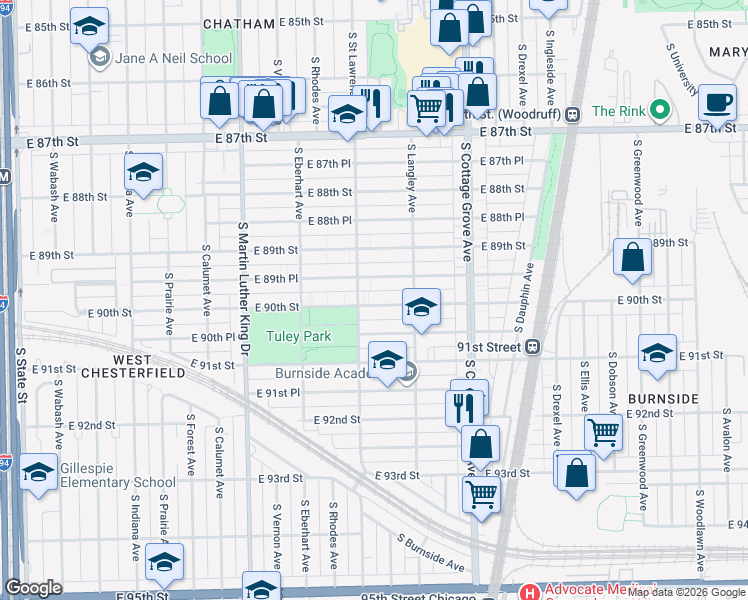 map of restaurants, bars, coffee shops, grocery stores, and more near 616 East 90th Street in Chicago