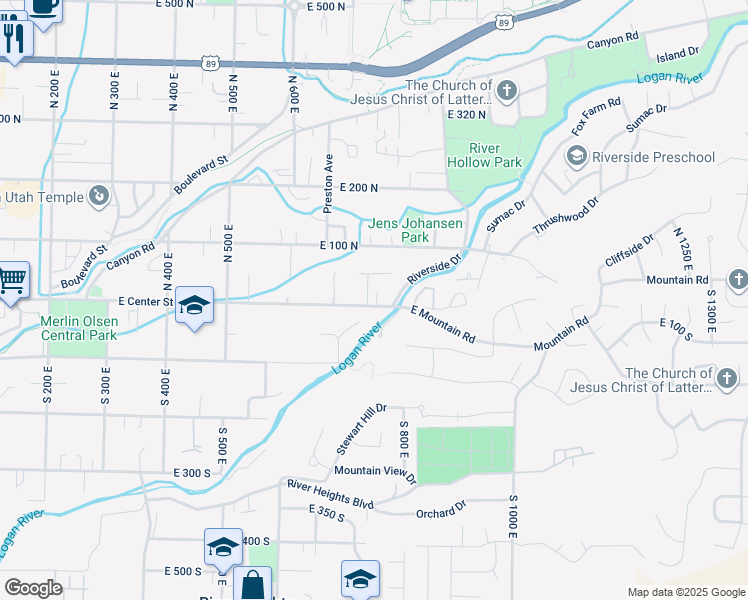 map of restaurants, bars, coffee shops, grocery stores, and more near 765 East Center Street in Logan