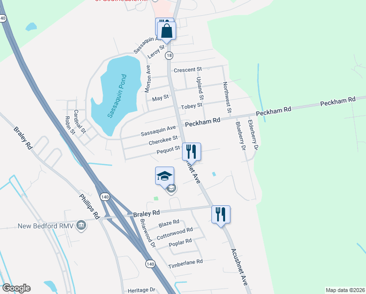 map of restaurants, bars, coffee shops, grocery stores, and more near 1012 Cherokee Street in New Bedford