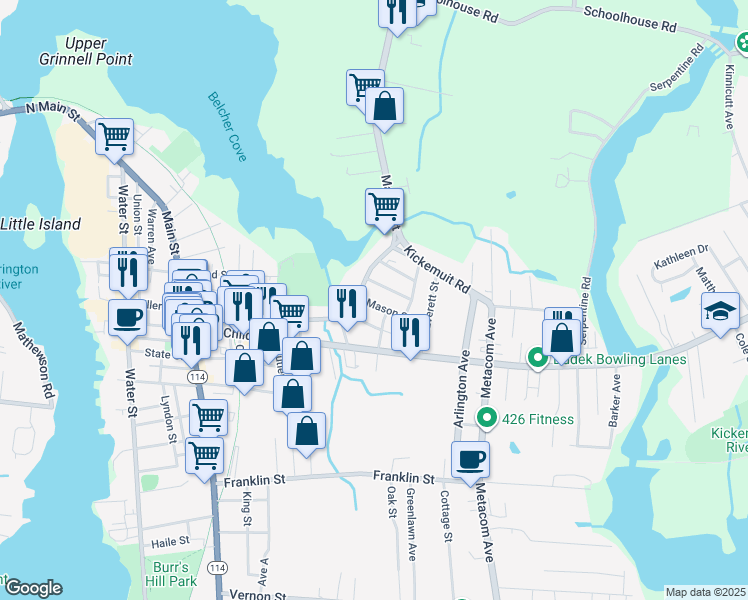 map of restaurants, bars, coffee shops, grocery stores, and more near 27 Benefit Street in Warren