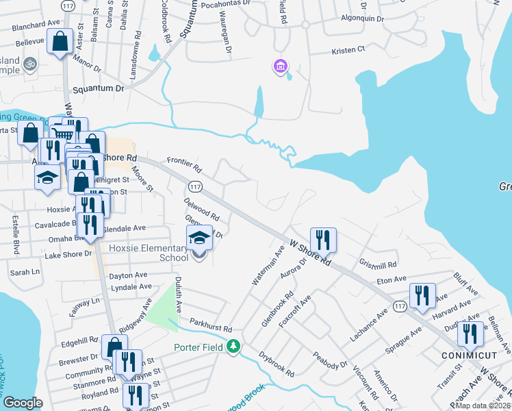 map of restaurants, bars, coffee shops, grocery stores, and more near 15 Woodridge Drive in Warwick